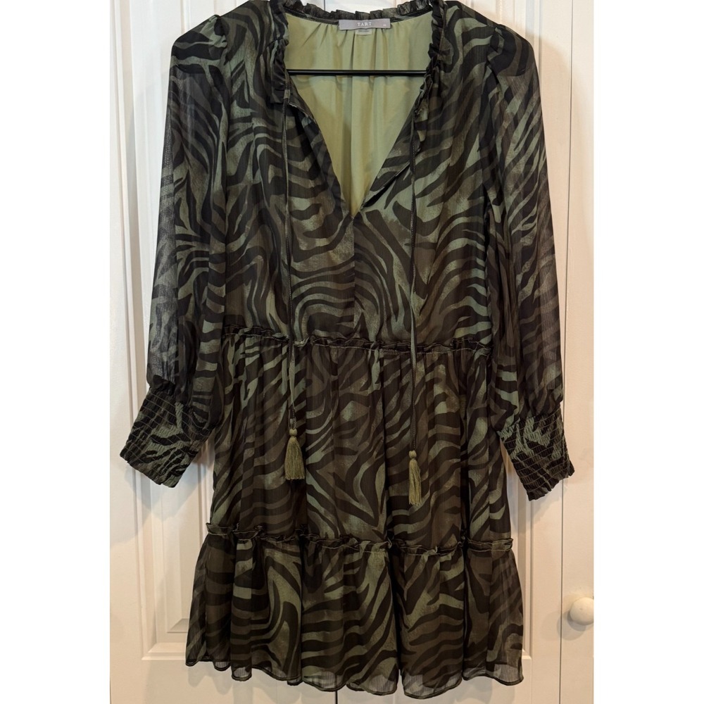 TART Collections Zebra Print Tiered Mini Dress XS Long Sleeve Ruffle Boho Sheer